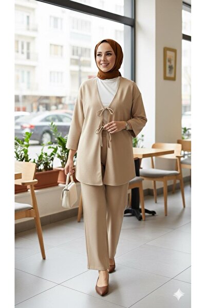 ECEYLÜL MODA Set dublu de hijab negru, jachetă kimono cu legături în față și pantaloni largi, casual, elegant, sezon nou