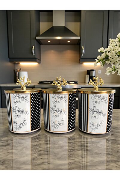 ferayhome Baharatlık Silindir 3 lü Metalli Kahve Köşesi Kuş Desenli 750 ml Me...