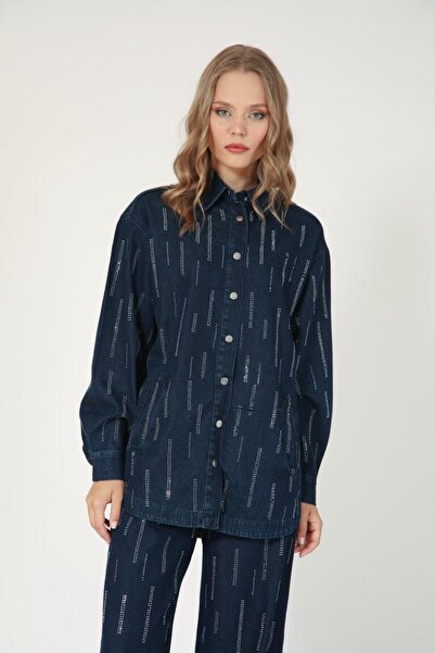 Suede Style 5693 - Stylish and Comfortable Stone Decorated Women's Denim Pants Shirt Set