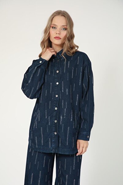 Suede Style 5693 - Stylish and Comfortable Stone Decorated Women's Denim Pants Shirt Set