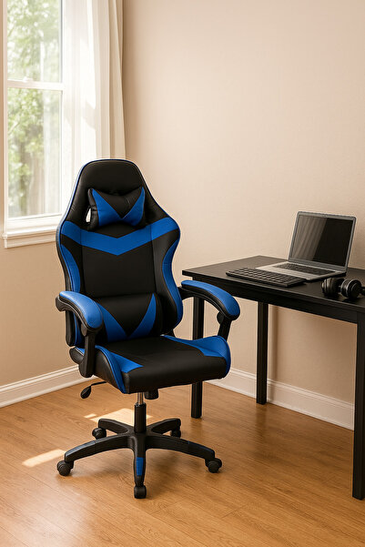 MARIA HOMES كرسي ألعاب أزرق وأسود مريح مع قاعدة دوارة قابلة للتعديل ودعم قطني