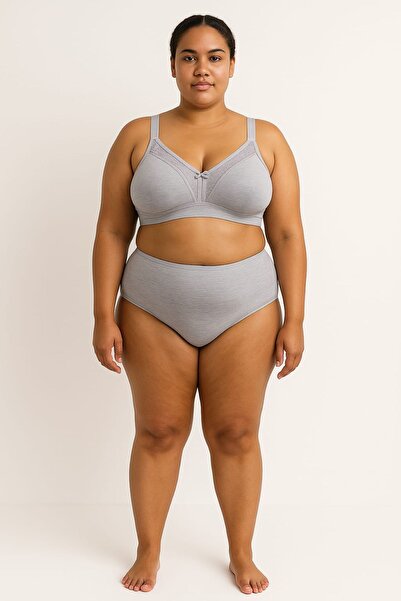 enmodaiçgiyim Gray Plus Size Shaping / Sculpting Bra - Cotton, Lace, Wire Free, No Padding, Wide Band, Minimizer