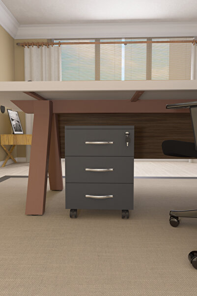 Mirobi Mirello 3 Çekmeceli, Kilitli, Tekerlekli Masa Altı Keson Antrasit