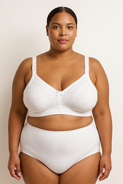 enmodaiçgiyim Білий бюстгальтер для великих розмірів - бавовняний, з мереживом, без кісточок, без наповнювача, з широкою стрічкою, мінімізер