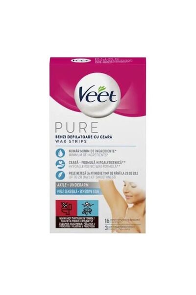 Veet Pure underarm hair removal strips for sensitive skin, 16 strips + 3 wipes