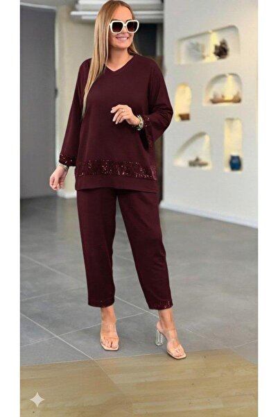 Aymood Women's Long Sleeve V-Neck Pulpayet Viscose Two Thread Blouse and Pants Set