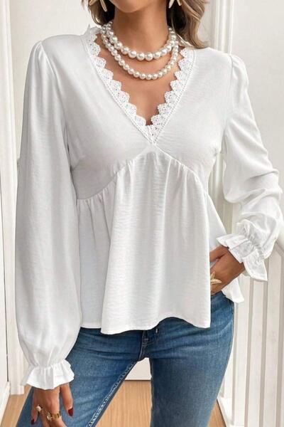 Mossta V-Neck Lace Aerobin Blouse - White