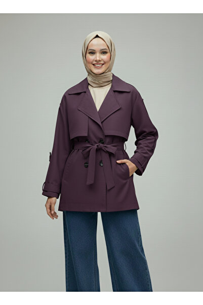 BENAHOLL Κοντή καμπαρντίνα Daria με κάλυμμα και επένδυση με ζώνη στο άκρο του μανίκι-KN5522 Plum