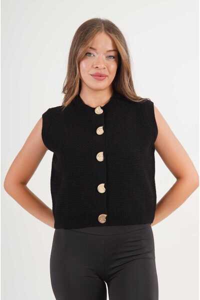 lavanderboutiquee Salyangoz Düğme Sıfır Kol Lacivert Siyah Triko Yelek
