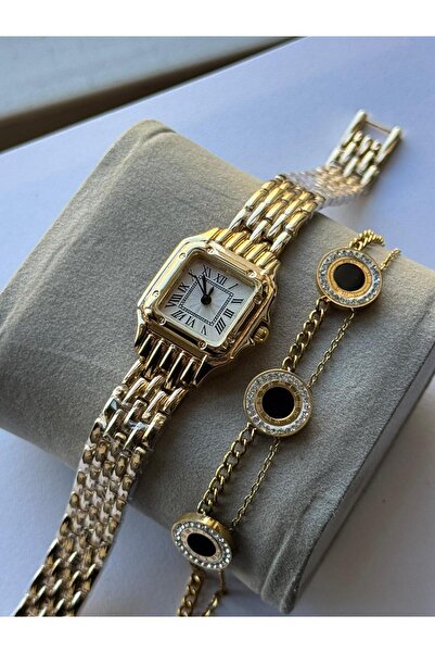 captiva Gold Renk Metal Köşeli Roman Rakamlı Kol Saati Ve Çelik Bileklik