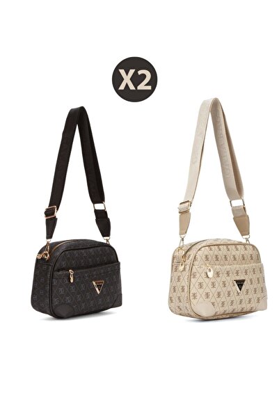 Newish Polo Women's Monogram Patterned Long Strap Crossbody Shoulder Bag 2 Pieces – Black Beige