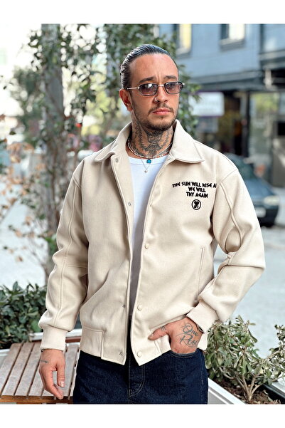 manch collection Flok Ön Arka Baskılı Kaşe Ceket Krem