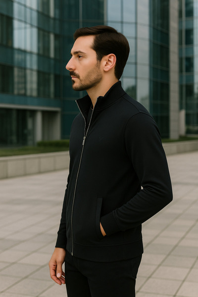 Maccali Men's Long Sleeve Mock Neck Black Zippered Sweatshirt