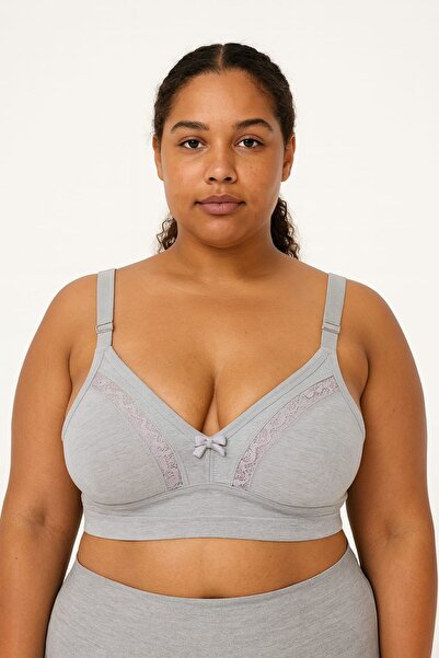 enmodaiçgiyim Gray Plus Size Shaping / Sculpting Bra - Cotton, Lace, Wire Free, No Padding, Wide Band, Minimizer