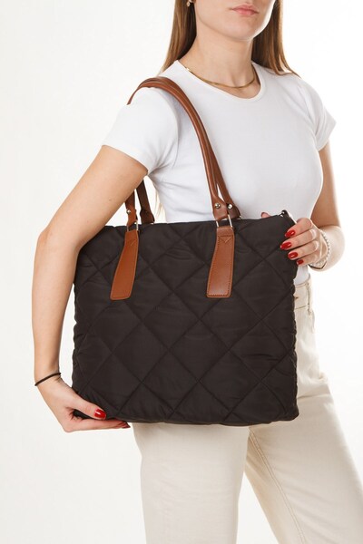 Newish Women's Quilted Fabric Long Strap Hand and Shoulder Bag – Black Brown