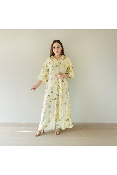 LINELLE فستان نسائي كاجوال - فستان ماكسي بأزرار من مزيج الرايون مطبوع عليه زهور مع حزام، LCD6732