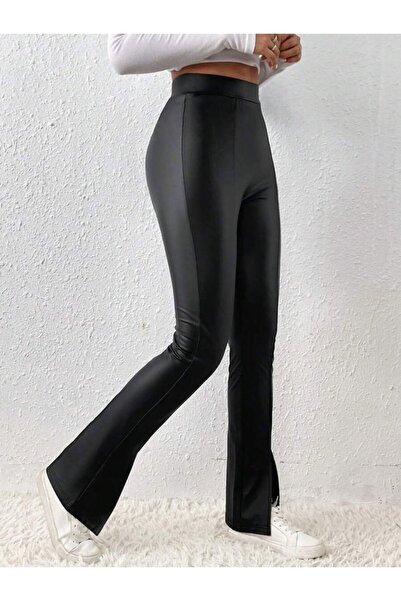 VELİZADE Kadın Yüksek Bel Yırtmaç Detaylı Suni Deri Tayt Pantolon | Siyah İspanyol Paça Flare Pantolon