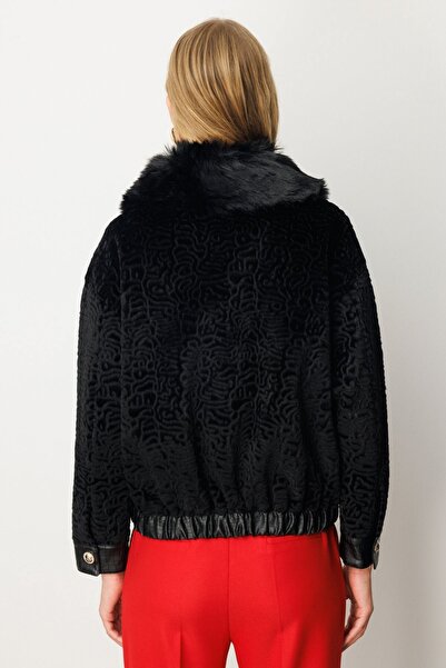 Ekol Fur Collar Leather Detailed Coat Black 06611