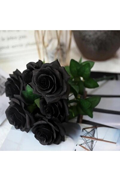 DEFNE DECOR Yapay Kadife Tek Dal Gül 10 adet Dalı 50 cm Siyah Lüx Ekvator Gül