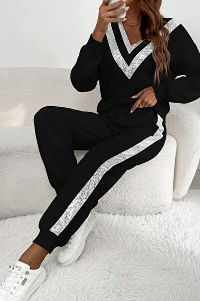 Mossta V-Neck Pulpayet Detailed Viscose Two Thread Blouse Pants Two Piece Set - Black