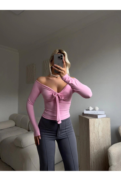 Zora Butik Bağlamalı Omuz Detay Crop - PEMBE