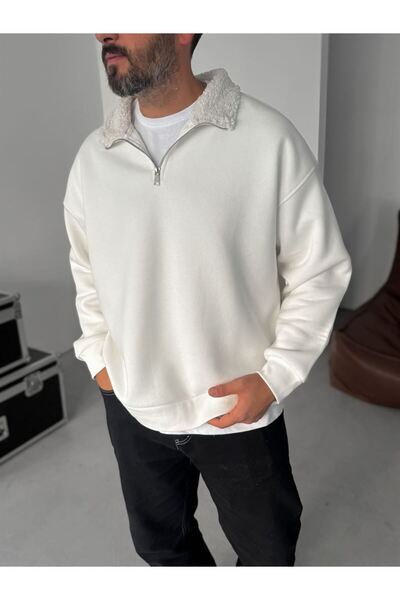 TÜZeMEN Half Zipper Sweatshirt with Plush Detail on the Collar