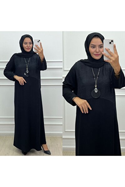 QUAWEAR Yuvarlak Bisiklet Yaka Garni Kumaş Detaylı Kolyeli Penye Kumaş Tam Boy Elbise