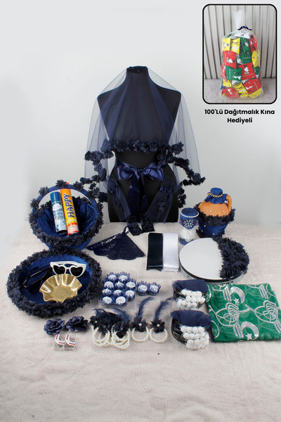 Mortex Lacivert Bol Çiçekli Lüks Kına Gecesi Seti | Gelin Damat Duvak ve Kına...