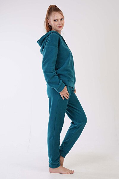 VİENETTA Women's Long Sleeve Hooded Zippered Cuffed Leg Silver Pine Color Fleece Pajama Set C6T0N0503