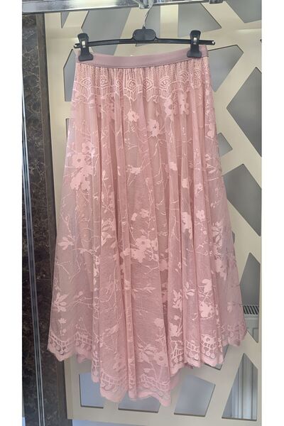 günay boutıque Pudra etekleri asimetrik Dantel Detaylı Midi Etek