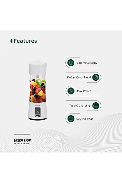 Green Lion Juice Mate Portable Juicer, 380mL, 6-Blade, 18,000RPM, USB-C – White