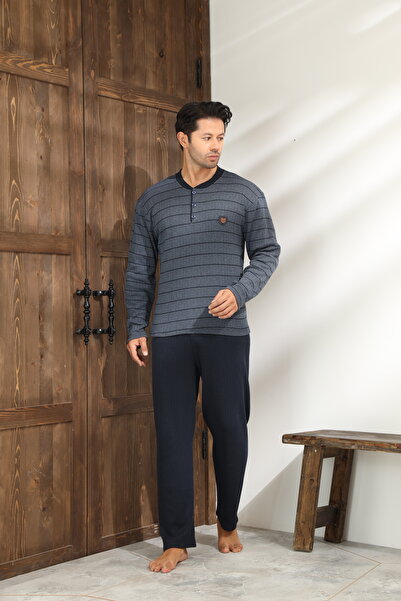 CALİA Winter Men's Interlock Collar Buttoned Long Sleeve Pajama Set