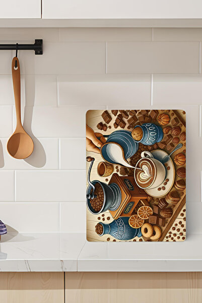 kutuTR Coffee and Cookies Themed Tempered Glass Cutting Board 21X30 cm Size U...