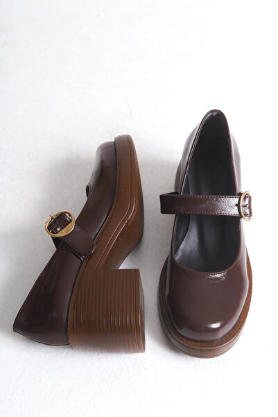 Shoesers Kadın Özel Tasarım Platform Topuklu Zarif Tokalı Bantlı Balerin Koyu Kahve Loafer Makosen Ayakkabı
