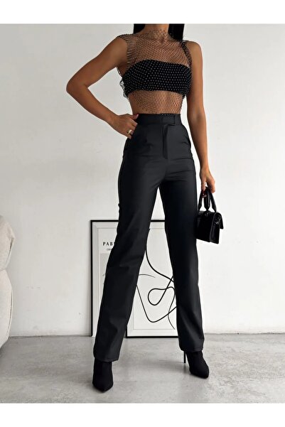 TheyYou Velcro Detail Faux Leather High Waist Wide Leg Pants