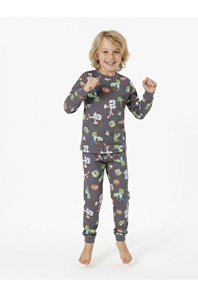 Free Beka Patterned Boys' Long Sleeve Cotton Bottom Top Pajama Set
