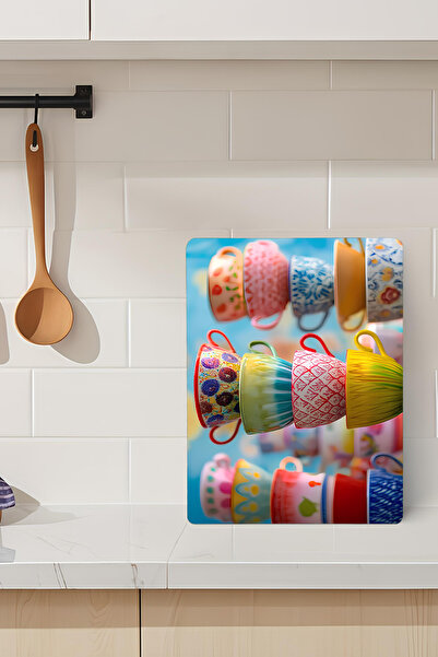 kutuTR Colorful Cups Themed Tempered Glass Cutting Board 21X30 cm Size Uv Pri...