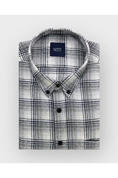 KAMER Men's Oversized (Plus Size) Winter Long Sleeve Button-Up Collar Single Pocket Plaid Gray Shirt 3776g