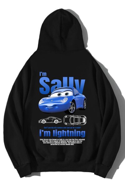 BRF Collection سويت شيرت بقلنسوة أسود للجنسين I'm Sally I'm Lightning قصة فضفاضة