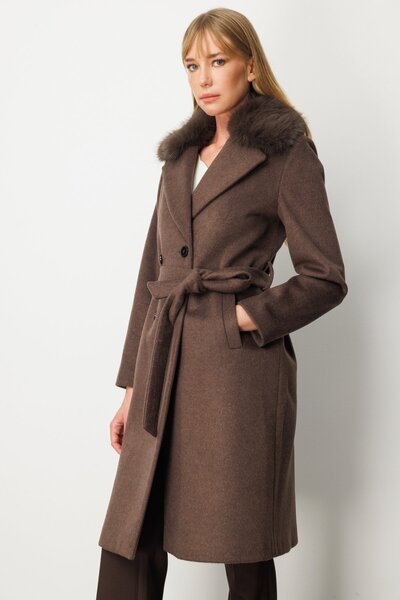 Ekol Sheepskin Collar Waist Belted Coat