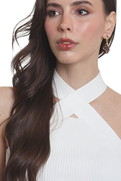 LABALABA Women's Studded Model Gold Color Wire Wrap Design Cat's Eye Earrings Purple