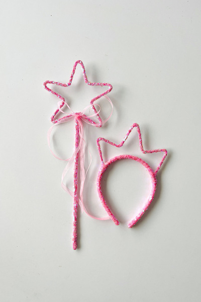 COOLMINIES Pul Payet Kız Çocuk Taç ve Yıldız Değnek Asa -Hologramlı Pembe