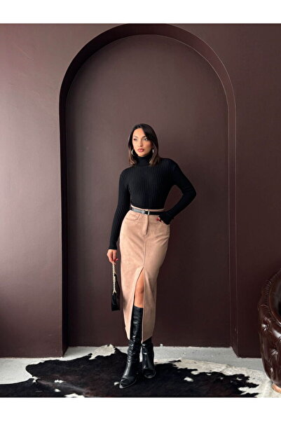 Ecenin Favorileri Mink Suede Front Slit Midi Skirt