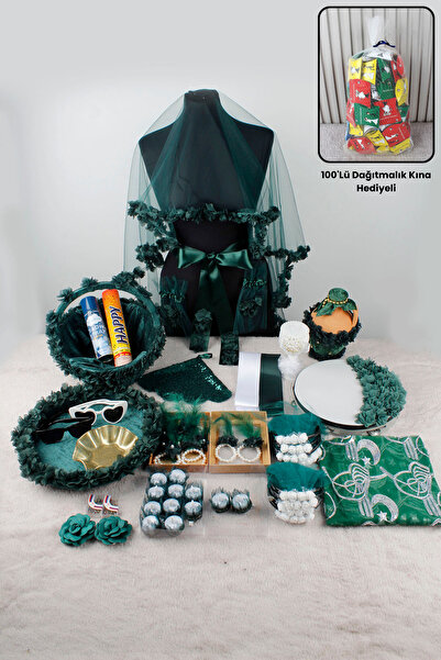 Mortex Yeşil Bol Çiçekli Lüks Kına Gecesi Seti | Gelin Damat Duvak ve Kına Malzemeleri Aksesuar Seti