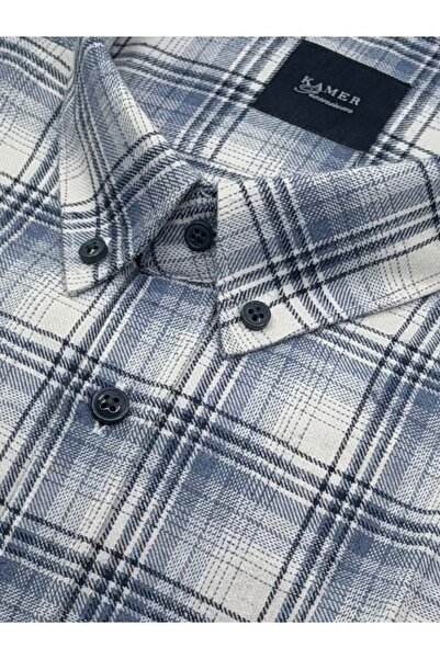 KAMER Men's Oversized (Plus Size) Winter Long Sleeve Button-Up Collar Single Pocket Plaid Blue Shirt 3776m