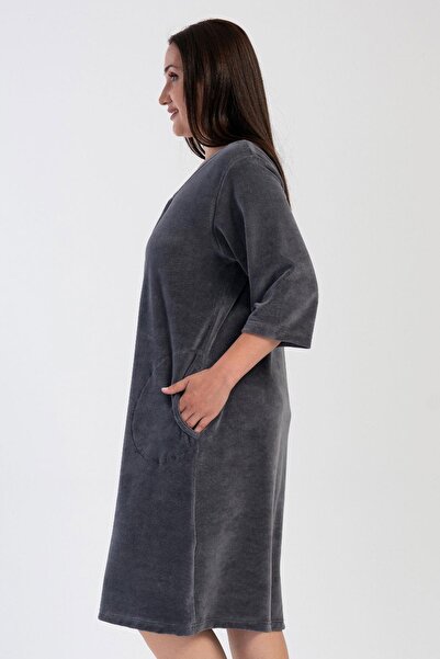 VİENETTA Rochie de acasă pentru femei, mărime mare, din țesătură de catifea, cu mâneci capri, cu fermoar, culoare afumată C0T1N1304