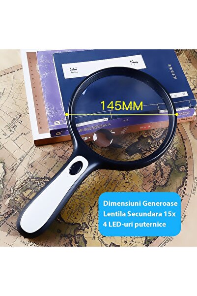 miraza Large Round Magnifying Glass with 4 LEDs, 5X-15X Magnification, 4 AAA Batteries, Diameter 14.6 cm, 27 x 14.6 cm