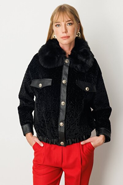 Ekol Fur Collar Leather Detailed Coat Black 06611