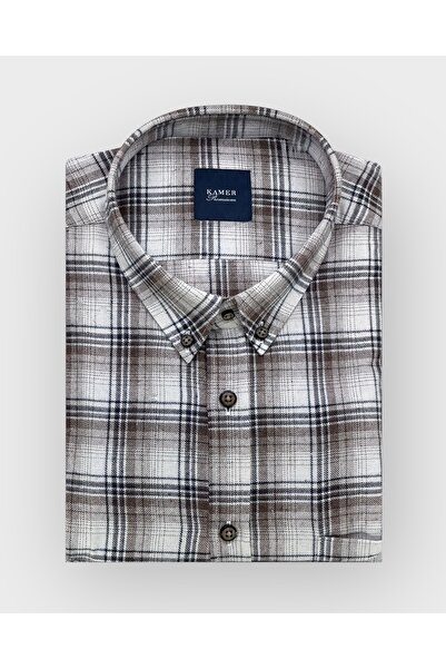 KAMER Men's Oversized (Plus Size) Winter Long Sleeve Button-Up Collar Single Pocket Plaid Brown Shirt 3776K