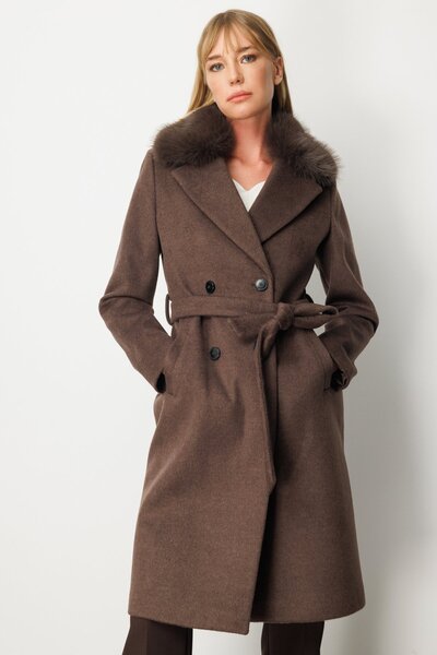 Ekol Sheepskin Collar Waist Belted Coat